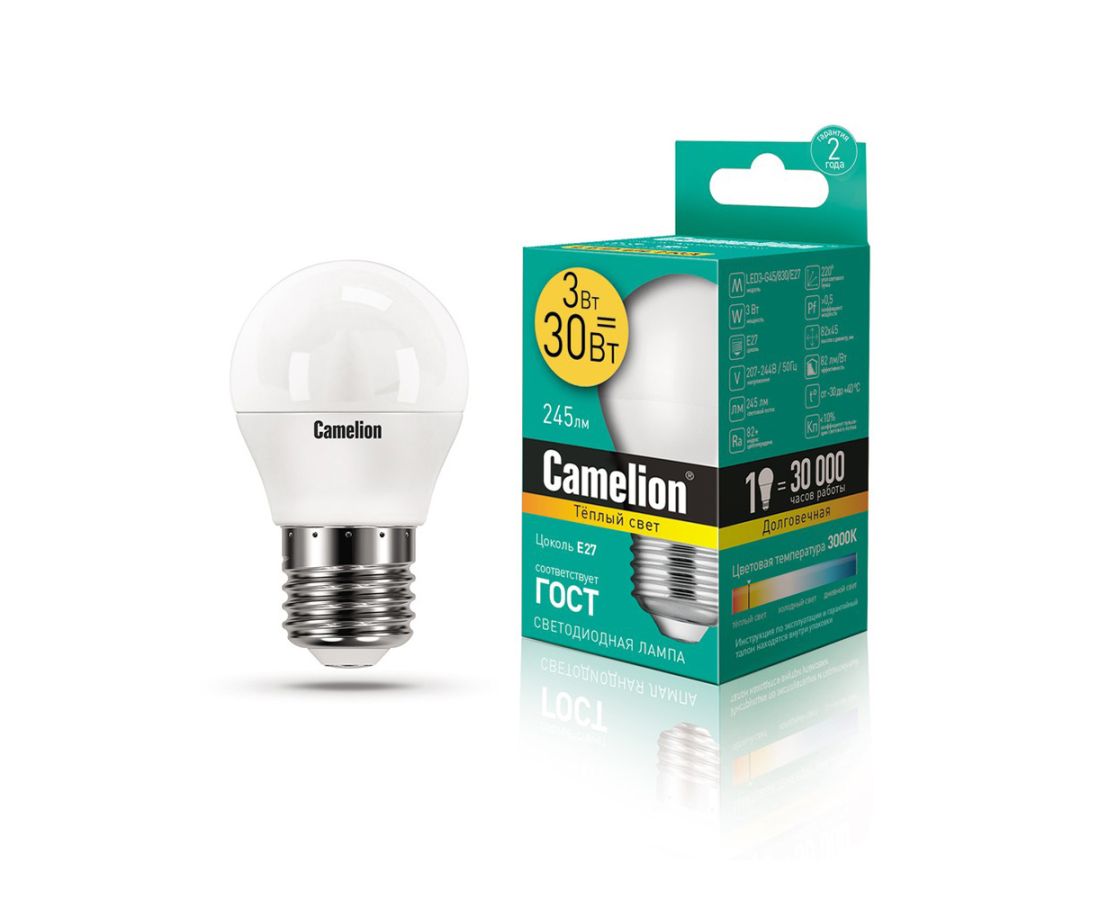 ეკონომიური ლედ ნათურა, თბილი - 3W/Warmlight/E27 Camelion — ნათურა და ვაზნა